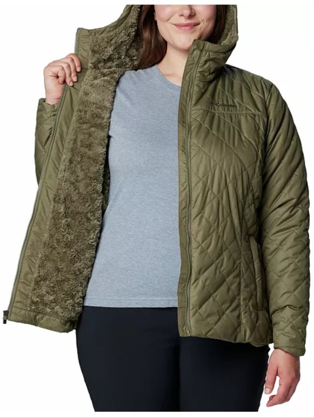 Columbia Faux Fur Lined Copper Crest II Hooded Stone Green Ski Jacket 2X XXL NWT